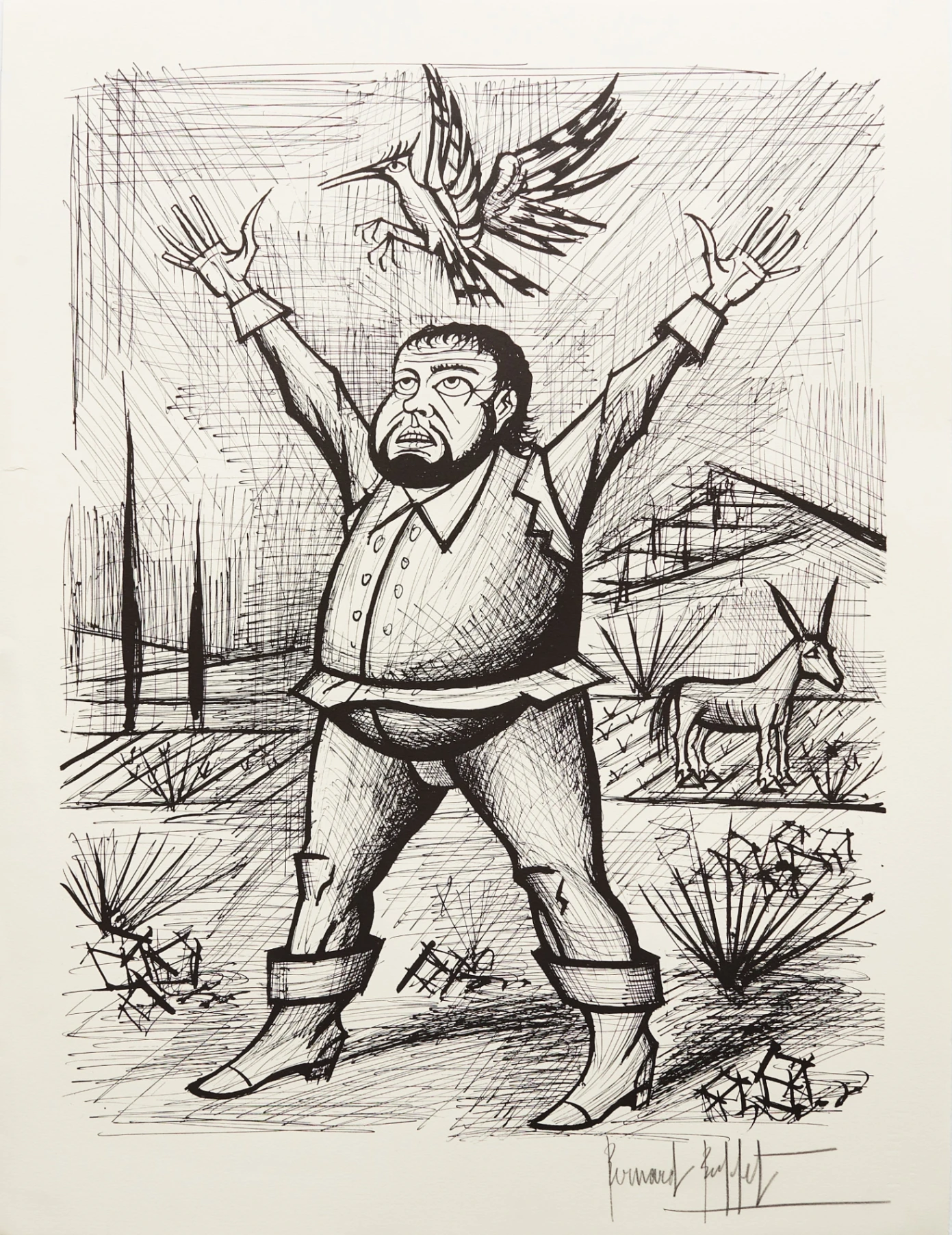 Bernard Buffet Sancho Pancha et la Huppe VIII Don Quichotte par Bernard Buffet, 1989 – Lithographie, 23x30