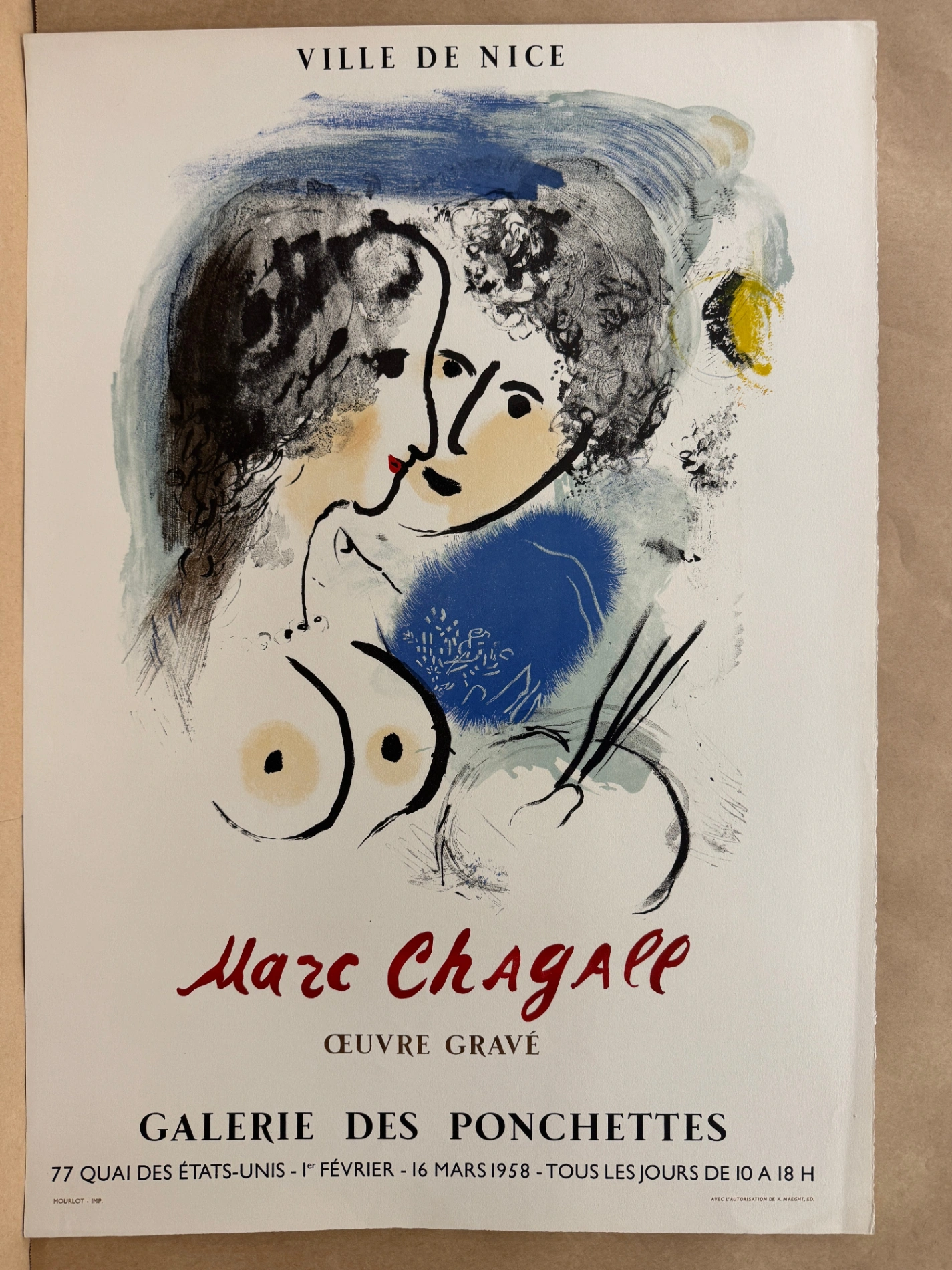 Marc Chagall, Le Peintre a la Palette - Galerie des Pochettes - Ville de Nice (d'après) Marc Chagall, 1958 – Lithographie, Marc Chagall, Le Peintre a la Palette – photo 3