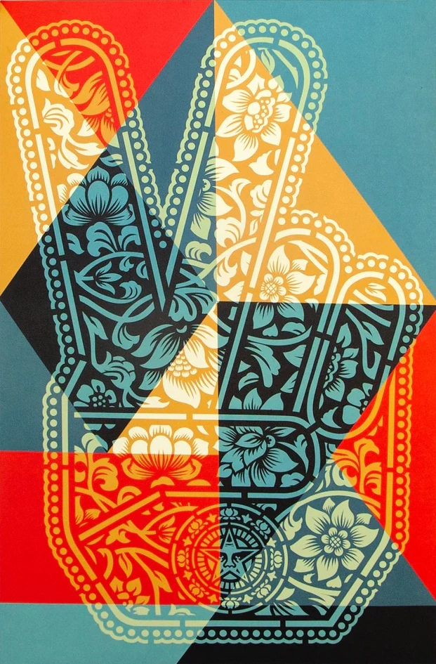 Shepard Fairey dit OBEY (né en 1970) – Peace fingers geometric, Impression offset en lithographie sur papier Speckletone crème.