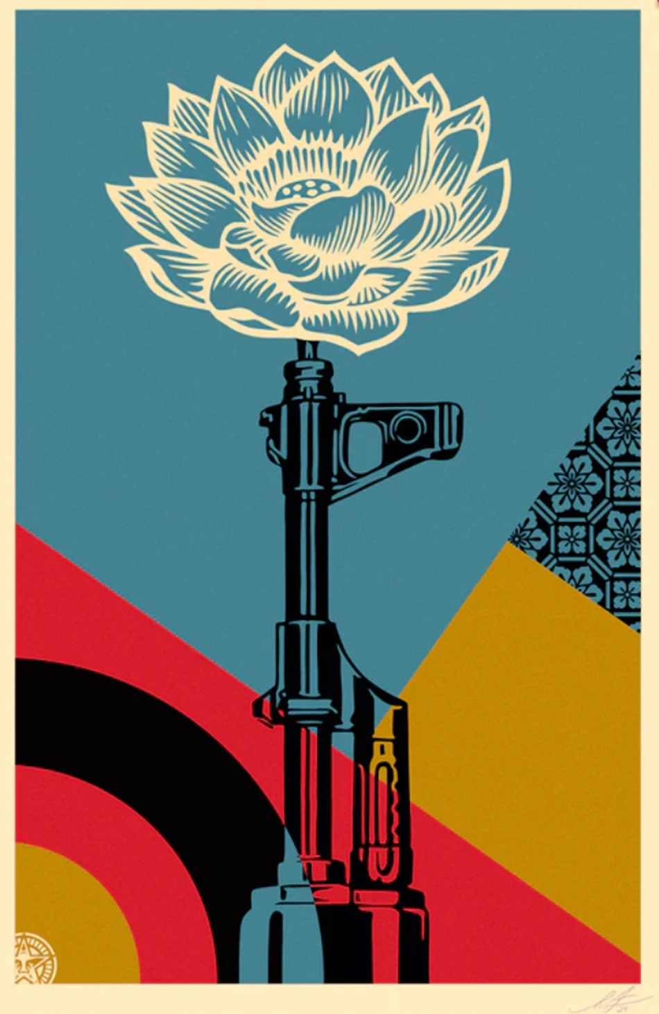 Shepard Fairey dit OBEY (né en 1970) – Lotus Offset, Lithographie signée, impression offset sur papier épais Speckletone