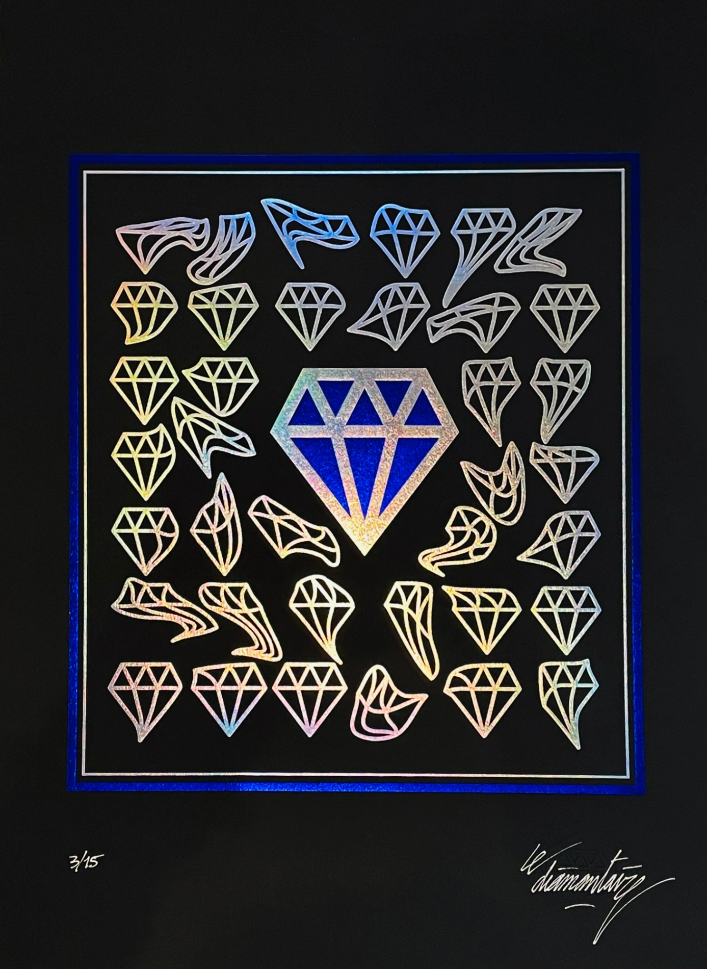 LE DIAMANTAIRE – Cycles, édition bleue, Acrylique sur papier épais noir.