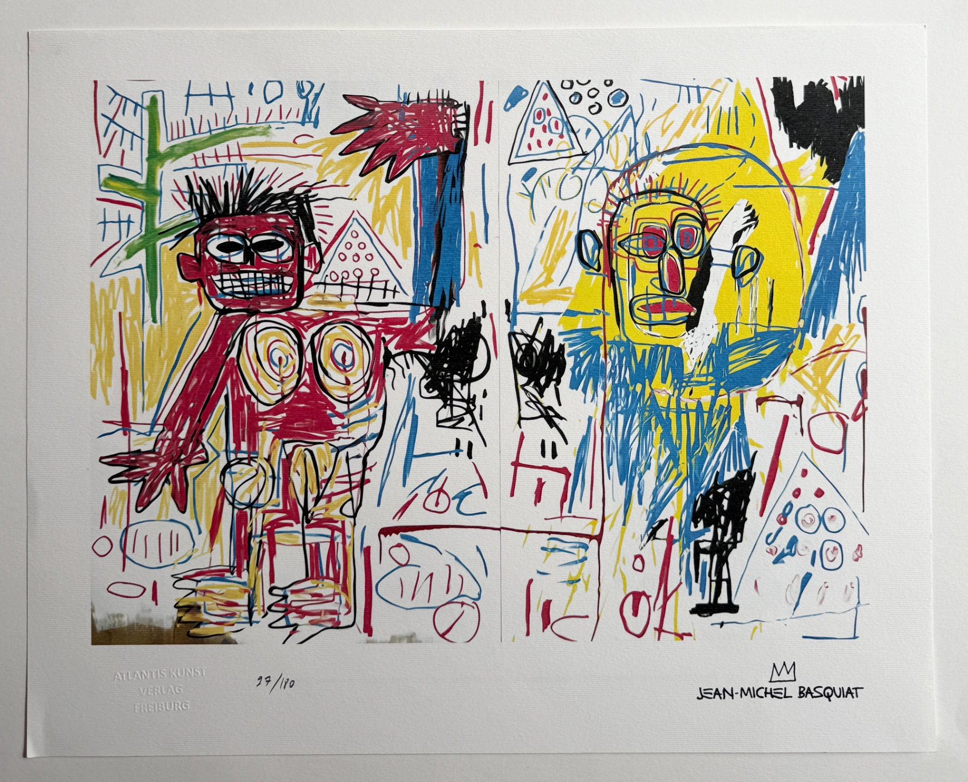Jean-Michel Basquiat (1960-1988) – Chromolithographie, 1987, Édition de 180 exemplaires. Par la maison d'édition Atlantis Verlag, Fribourg (Allemagne). Numéroté