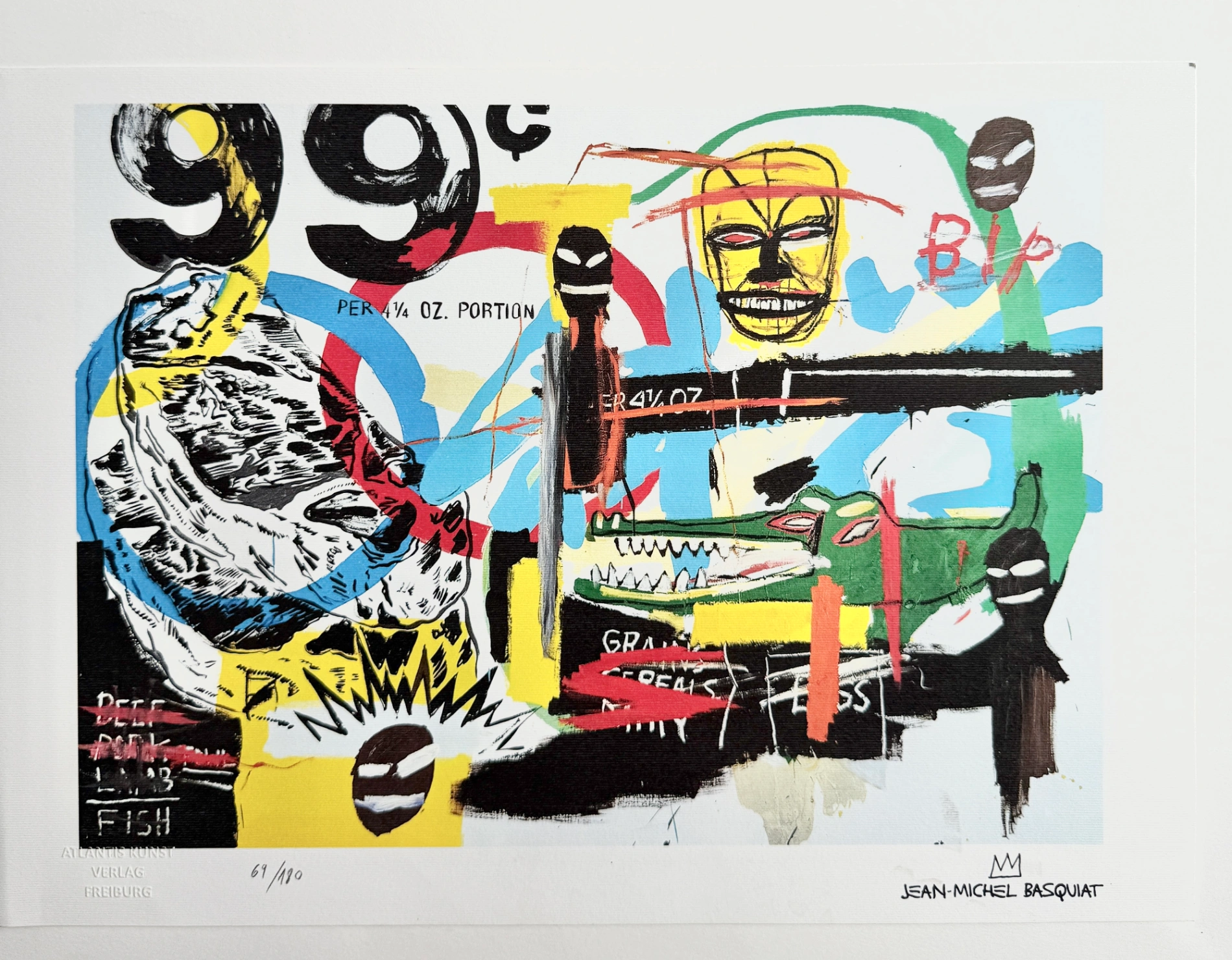 Jean-Michel Basquiat (1960-1988) – Chromolithographie, 1987, Édition de 180 exemplaires. Par la maison d'édition Atlantis Verlag, Fribourg (Allemagne). Numéroté