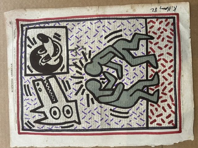 Keith Haring – Keith Haring (1958-1990) - Sans-titre (Chien aboyant et Mickey), Mixed media on "Scientific American" newspaper page