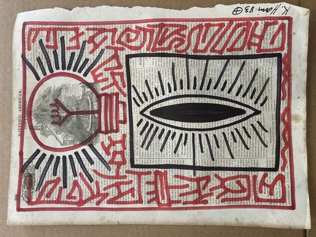 Keith Haring – Keith Haring (1958-1990) - Untitled (Radiant Lightbulb), Mixed media on "Scientific American" newspaper page