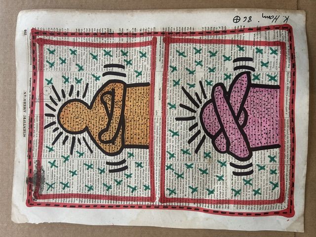 Keith Haring – Keith Haring (1958-1990) - Sans-titre (Deux bustes radiants), Mixed media on "Scientific American" newspaper page