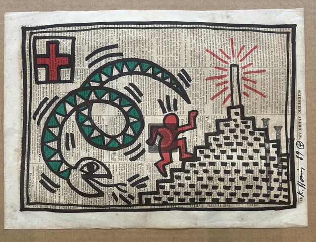 Keith Haring – Keith Haring (1958-1990) - Sans-titre (Serpent et pyramide), Mixed media on newspaper page "Scientific American"