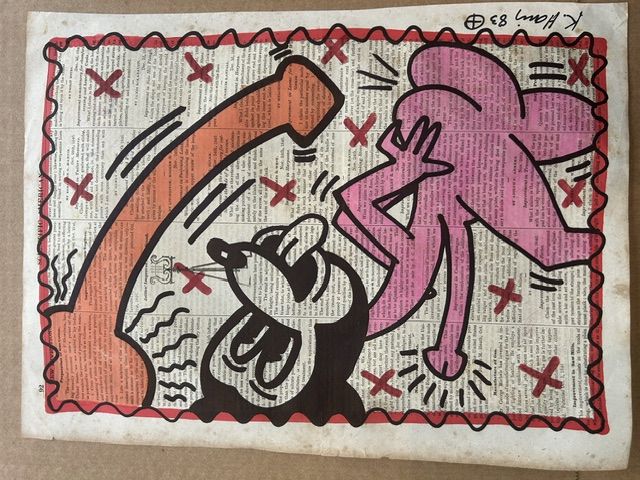 Keith Haring – Keith Haring (1958-1990) - Sans-titre (Personnage rose et chien), Techniques mixtes sur page de journal "Scientific American"