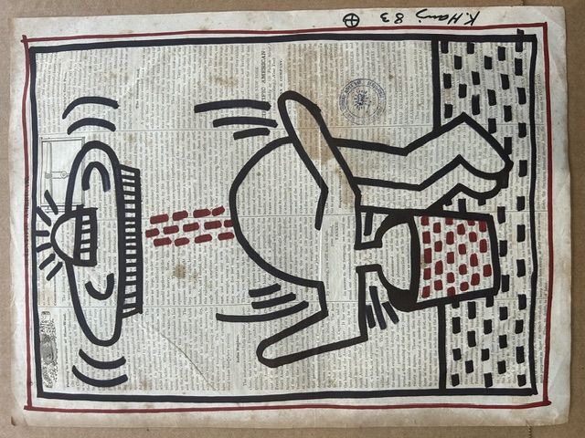 Keith Haring – Keith Haring (1958-1990) - Sans-titre (Soucoupe volante), Mixed media on "Scientific American" newspaper page