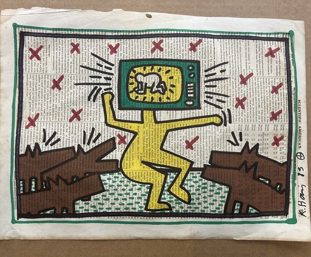 Keith Haring – Keith Haring (1958-1990) - Sans-titre (Homme télévision), Techniques mixtes sur page de journal "Scientific American"
